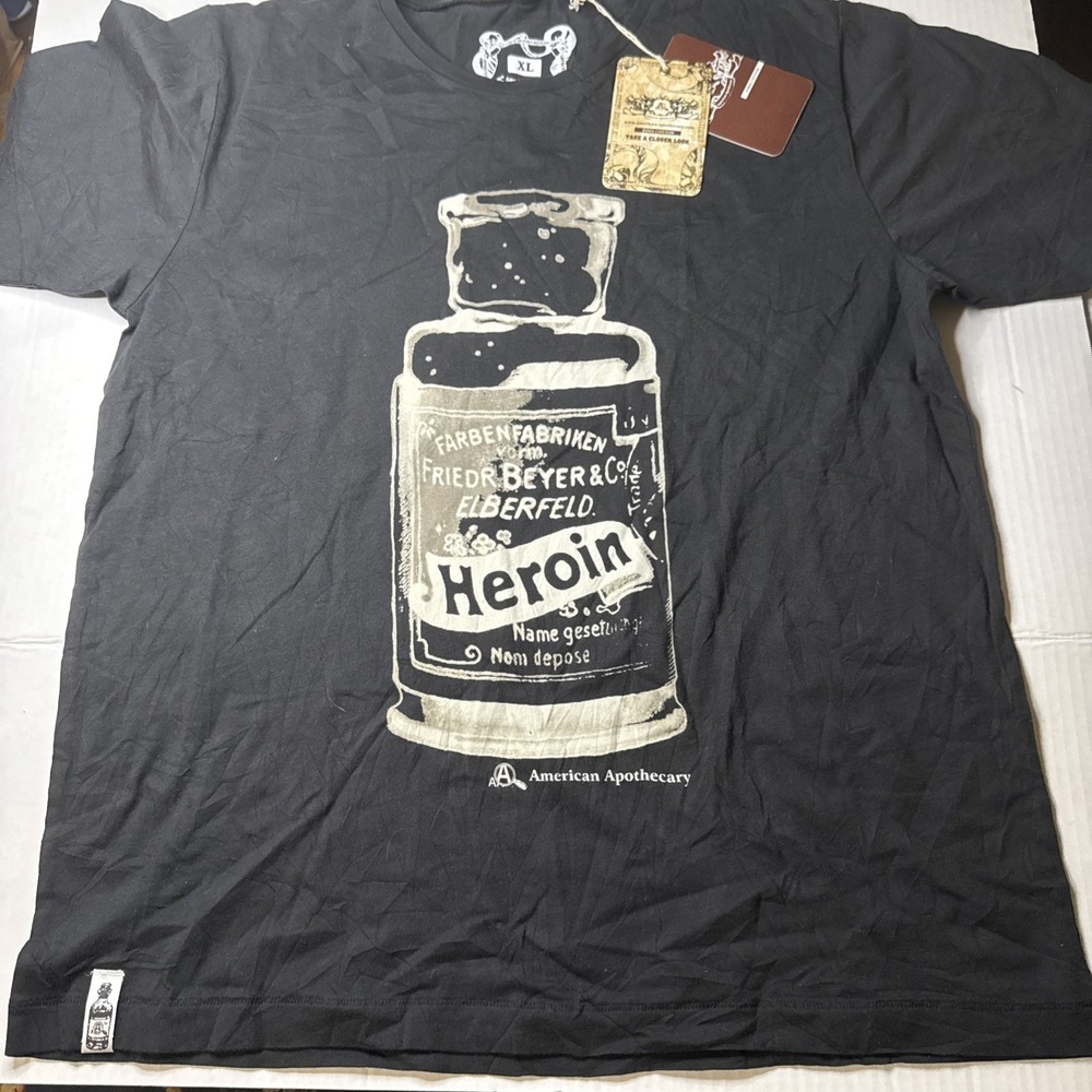 American Apothecary Black Shirt Cough Syrup  dark humor Label Sz XL 100% Cotton